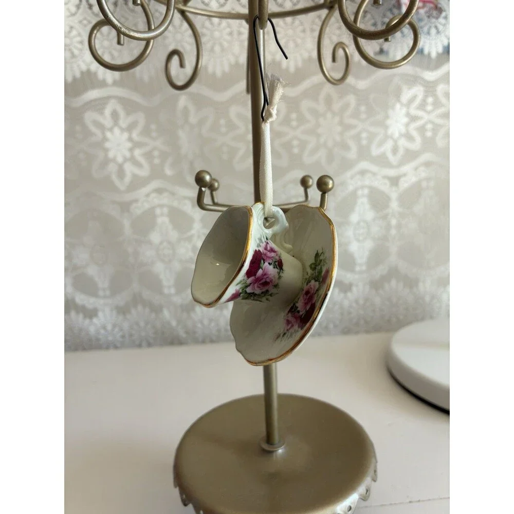 Vintage Floral Painted Tea Cup Saucer Ornament Gold Trim Cottagecore Christmas